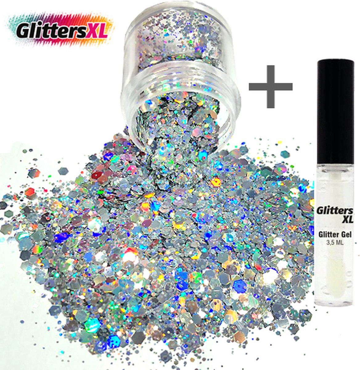 GlittersXL - Chunky Glitters (Zilver) + Glitter Huid Lijm [Volume 8g - Festival Jewels Glitter Outfit Lichaam en Gezicht - Make-up Diamond Dots Face Body - Diamantjes Strass Steentjes - Kinderen Volwassenen Dames Makeup Tattoo Mastix Schmink]
